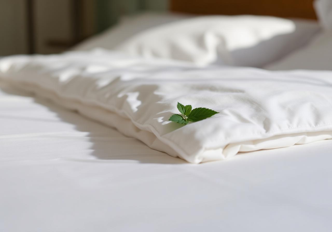Crisp white hotel linens with a fresh leaf